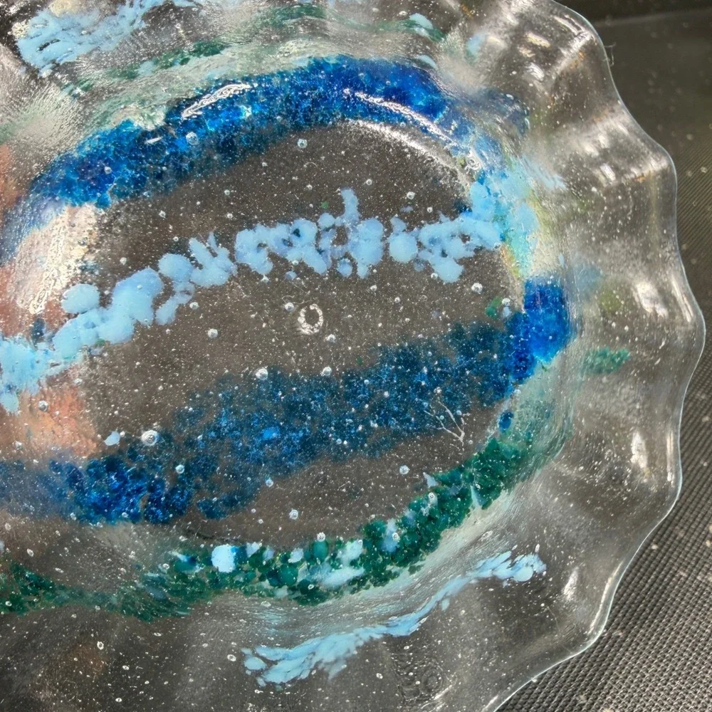 Artisan Fused Glass Scalloped Bowl Blue Teal Striped Coastal Decor Hand Made 5in